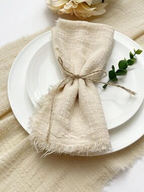 New Frayed Edge Linen-Style Dinner Napkins - Cream (Set)